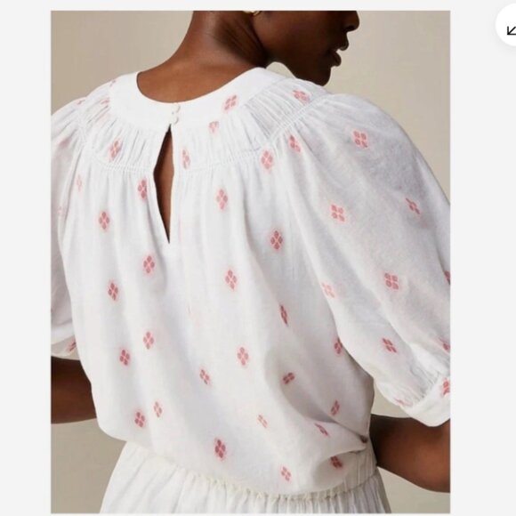 J. Crew Cotton Smock Neck Puff Sleeve Dot Top in White Red Granola Girl Sz Med - Picture 3 of 8